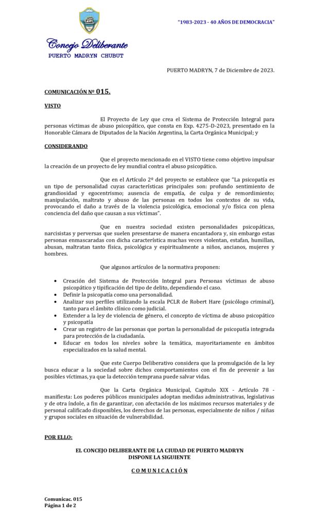 2024 DECLARACION DE INTERES - DEL CONCEJO DELIBERANTES PUERTO MADRYN CHUBUT - LEY PROTECCION A VICTIMAS DE ABUSO PSICOPATICO Y PERSONALIDADES NARCISISTAS