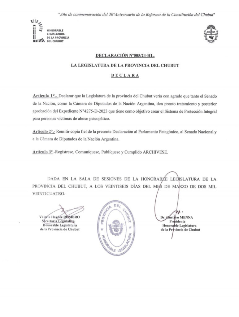 2024 DECLARACION DE INTERES - LEGISLATURA DEL CHUBUT - LEY PROTECCION A VICTIMAS DE ABUSO PSICOPATICO Y PERSONALIDADES NARCISISTAS